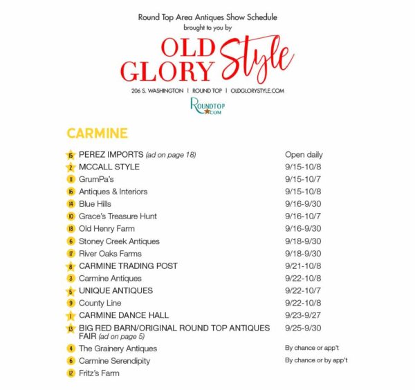 Round Top Antiques Show Fall 2017 Carmine & Burton Map & Schedule