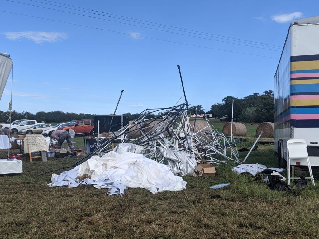 Tents set up outside Bader Ranch for the Feel Good Group were destroyed during the brief, but powerful storm