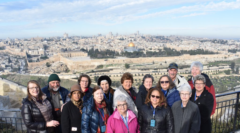 Pam Schoenst (far left) and the Round Top travel club pose on their pilgrimage to Jerusalem