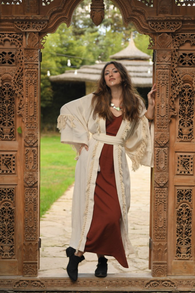 Imported Turkish cotton kimonos feature handprinted details.