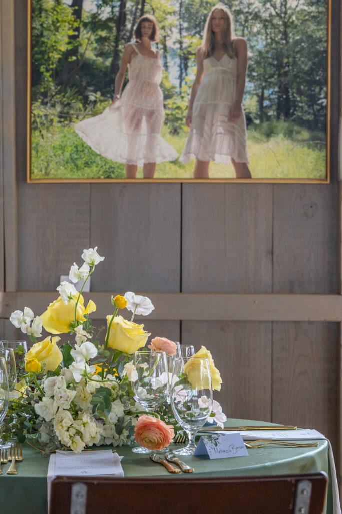 The bucolic scene at The Halles Benjamin Moore Designer Dinner. Yigal Ozeri painting from ELLIO Fine Art (Photo by Jordan Geibel)
